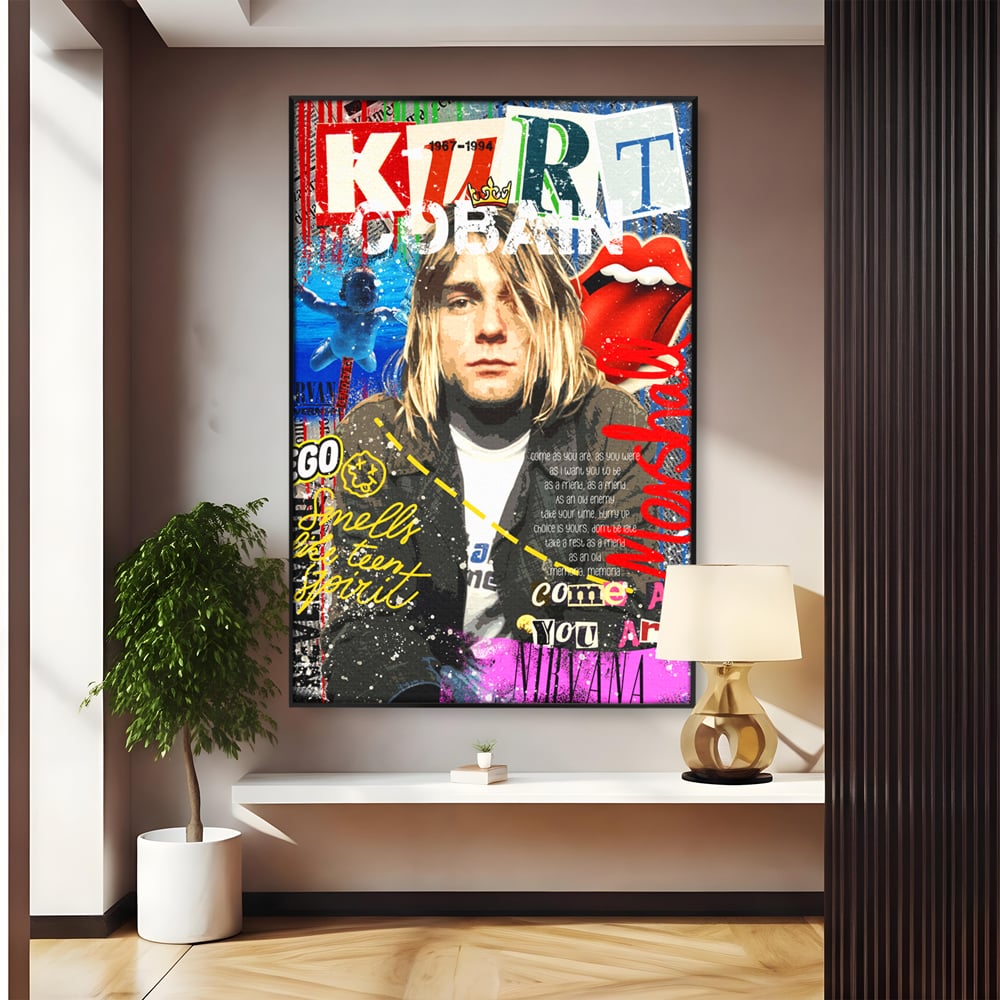 Tablou canvas cu tablou canvas cu portretul lui kurt cobain, in rama de aluminiu negru